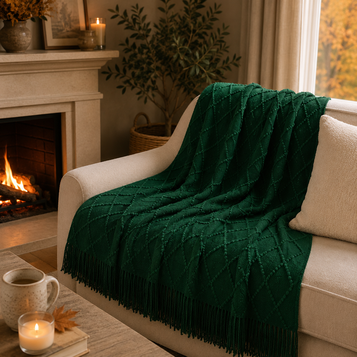 A dark green textured knit throw blanket with fringe is draped over a cream-colored sofa in a cozy living room setting with a fireplace, candles, and a plant.