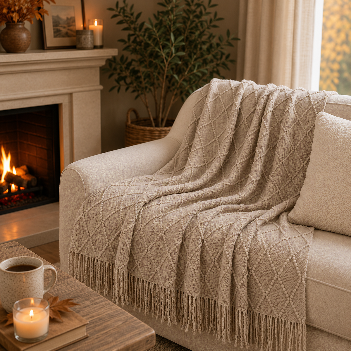 A cozy living room scene with a cream knit throw blanket draped over a light beige sofa. The blanket has a textured diamond pattern and fringe trim.