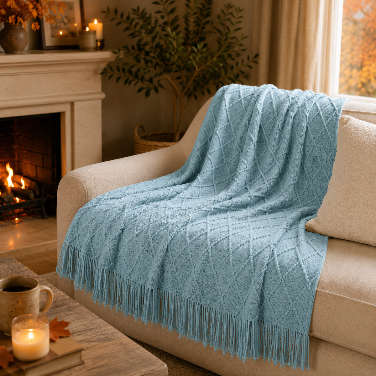 A light blue knitted throw blanket with fringe and a diamond cable-knit pattern draped over a cream sofa in a cozy living room setting with a fireplace and warm window light.
