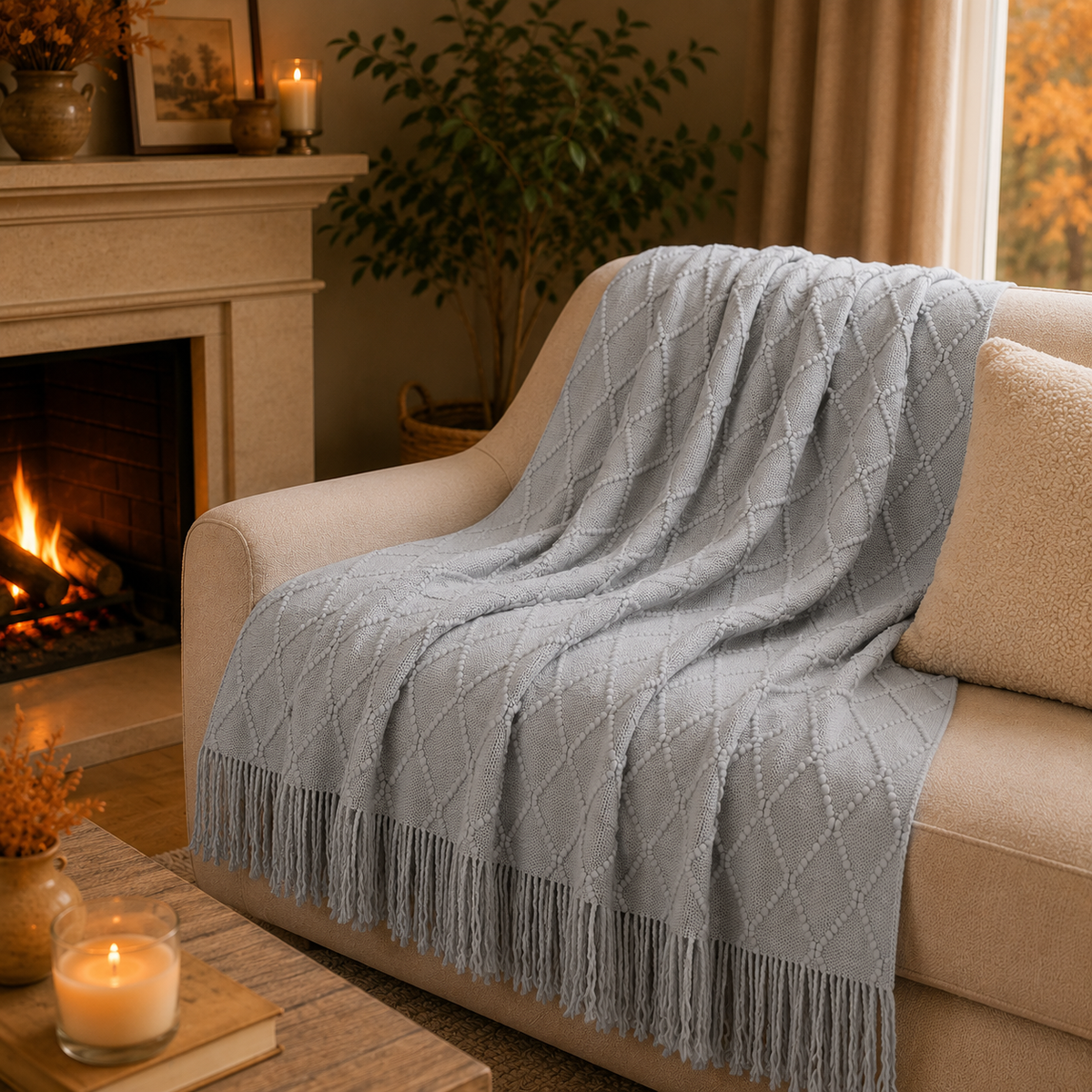 A light blue-gray knit throw blanket with a diamond pattern and fringe trim draped over a beige sofa in a cozy living room setting with a fireplace, candles, and a potted plant.