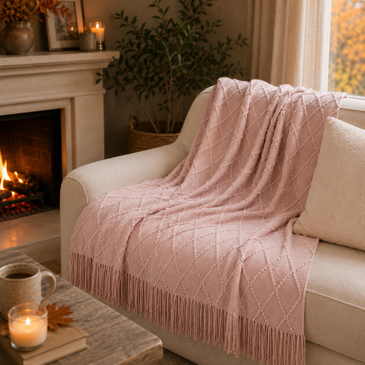 A dusty pink knit throw blanket with a diamond textured pattern and fringe trim draped over a cream-colored armchair in a cozy living room setting with a fireplace, candles, and a plant.