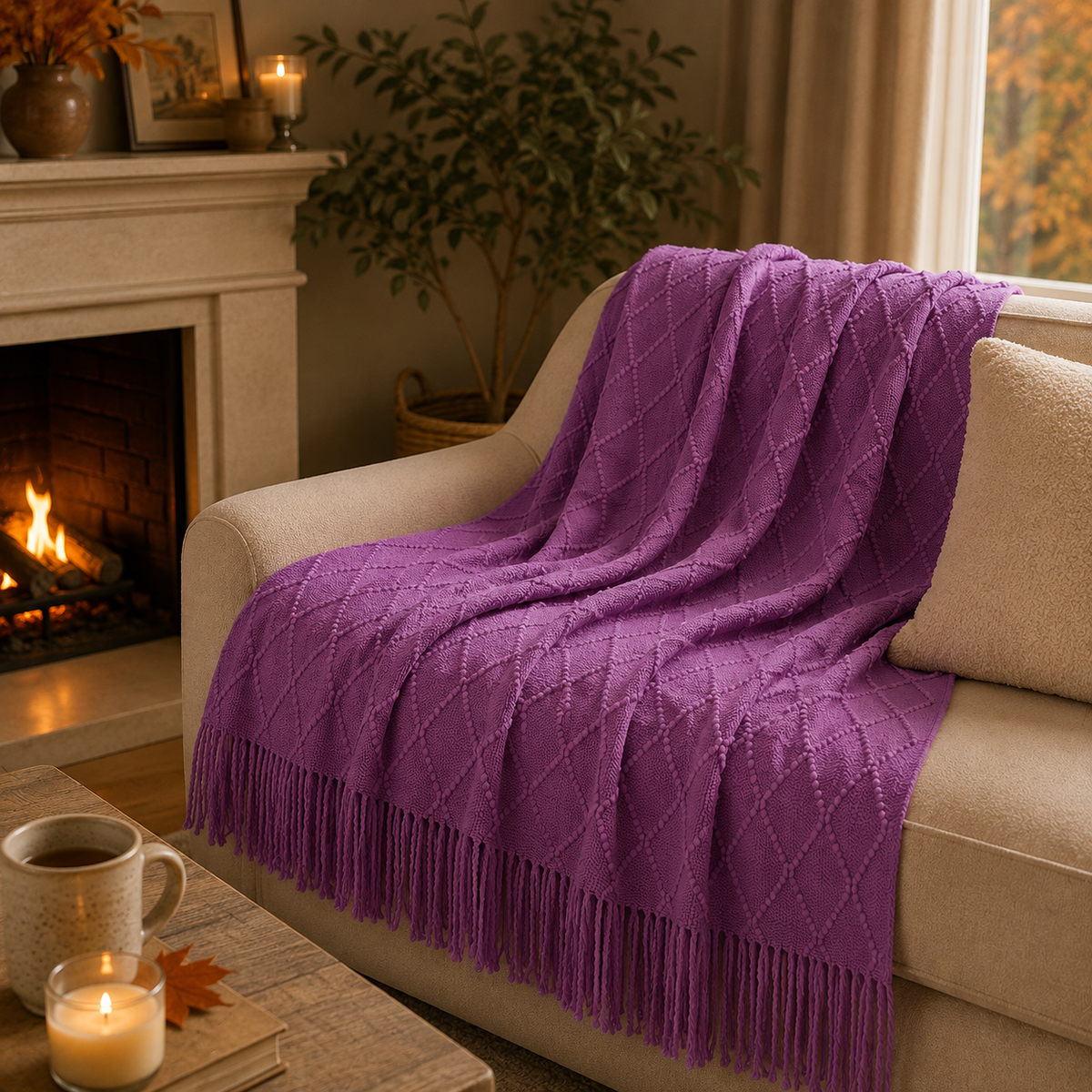 A cozy purple knit throw blanket with a diamond cable-knit pattern and fringe trim, draped over a beige sofa in a warm living room setting with a fireplace, candles, and a plant.