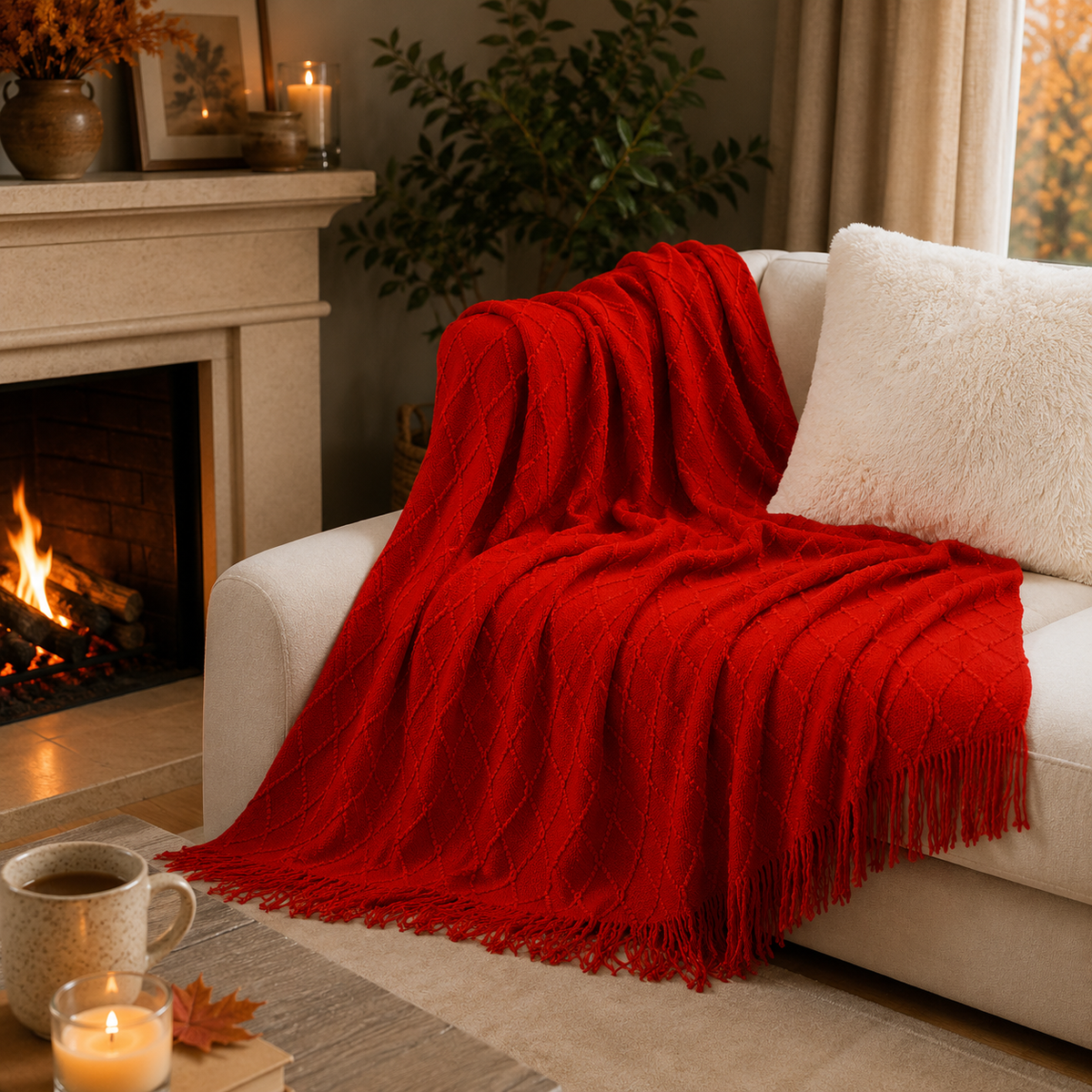 A bright red cable-knit throw blanket with fringe is draped over a white sofa in a cozy living room setting with a fireplace, candles, and a mug.