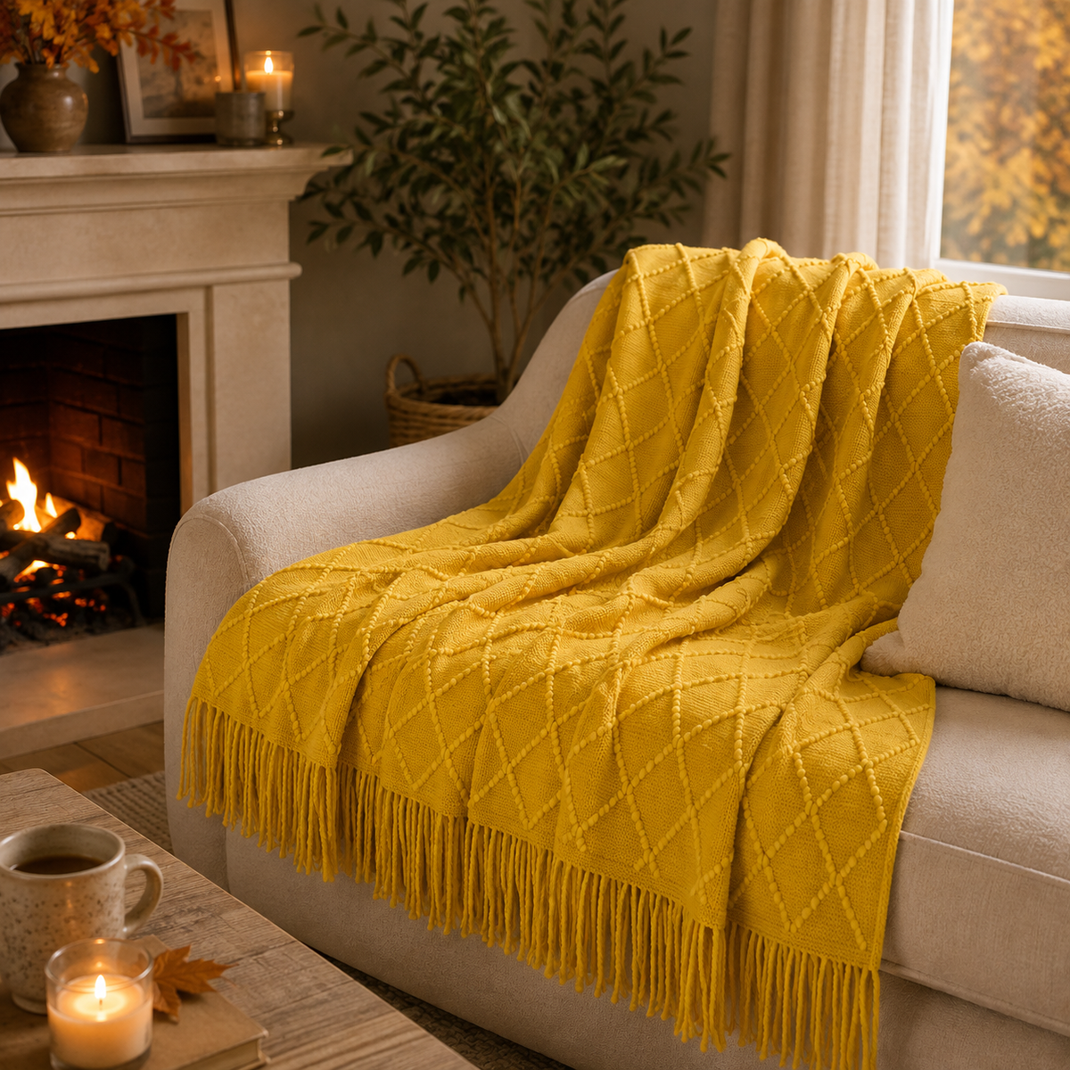 A mustard yellow textured throw blanket with fringe is draped over a light beige sofa in a cozy living room setting with a fireplace, potted plant, and candles.