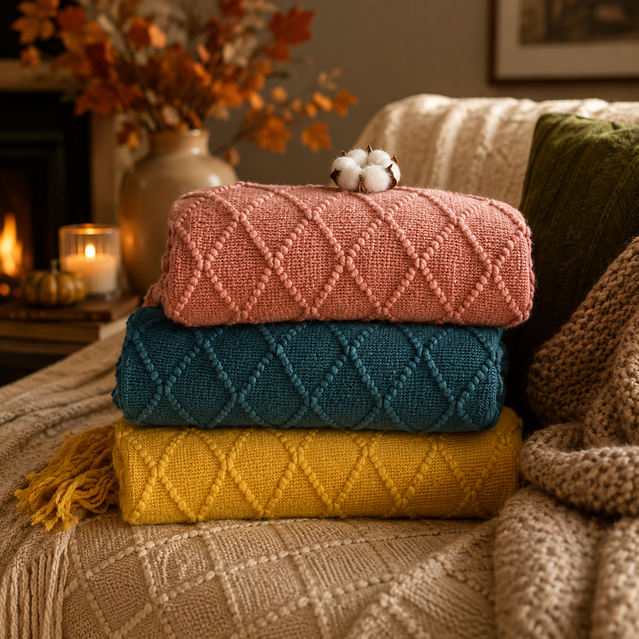 Three knitted throw blankets stacked on a beige couch in a cozy living room setting. The top blanket is dusty pink, the middle is teal blue, and the bottom is mustard yellow, all with a diamond-knit texture and tassels.