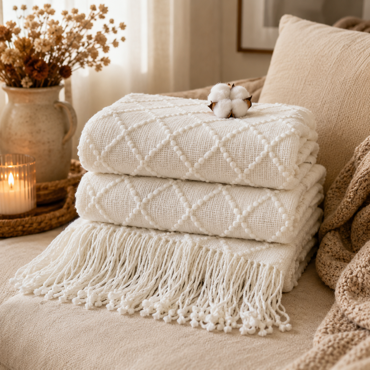 Three folded cream-colored textured throw blankets with fringe are stacked on a beige sofa, styled with dried flowers in a vase, a lit candle, and a cotton boll.