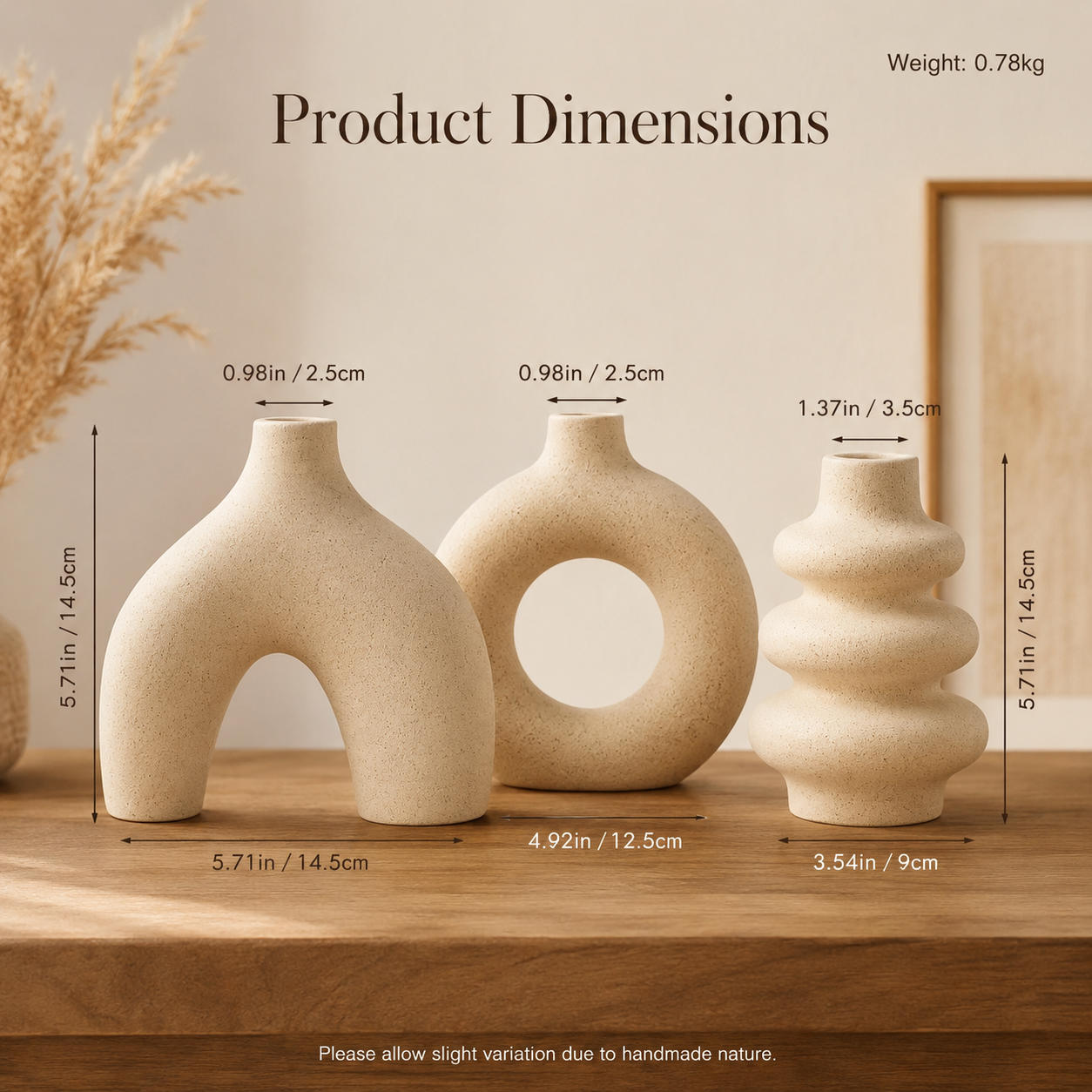 Three beige ceramic decorative vases displayed on a wooden surface with overlaid dimension labels and the heading 'Product Dimensions.' The scene includes a softly styled interior background with dried grass and a framed print, but the primary purpose of the image is to communicate size information rather than simply show the product, so subject_type is Measurement Chart.