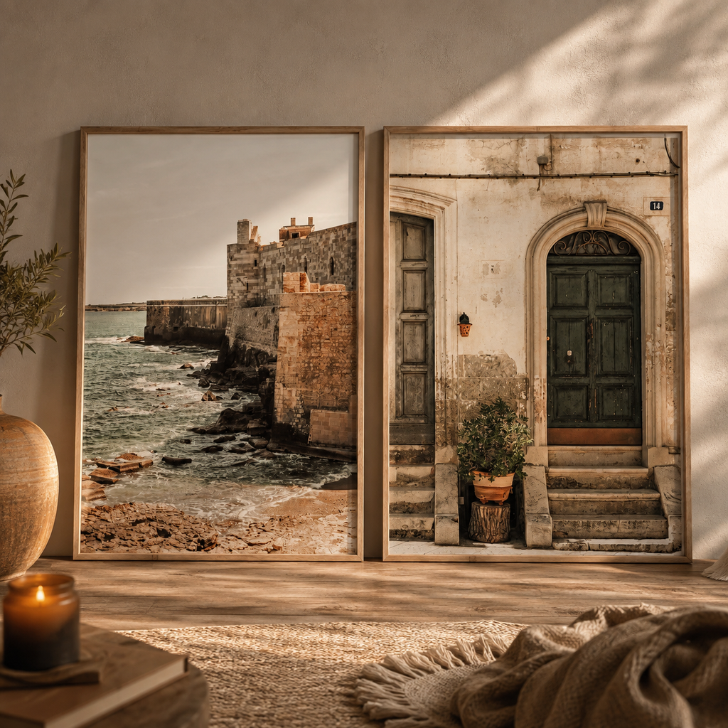 Two framed art prints leaning against a wall in a warm, sunlit room. The left print shows a rocky coastal scene with a stone fort, and the right print shows an old building facade with a dark green door and steps.