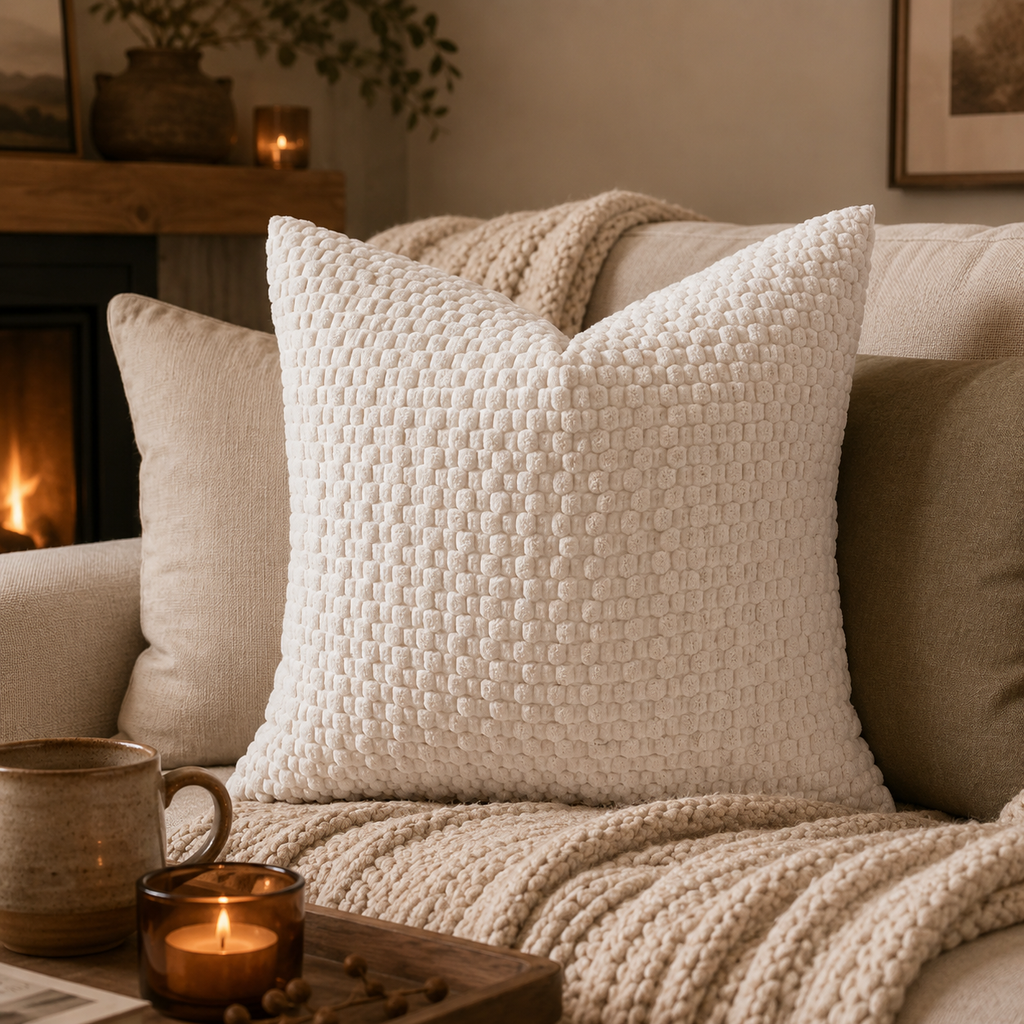 A square cream throw pillow with a textured, raised circular pattern sits on a beige sofa in a cozy living room setting with a candle, mug, and knit blanket.