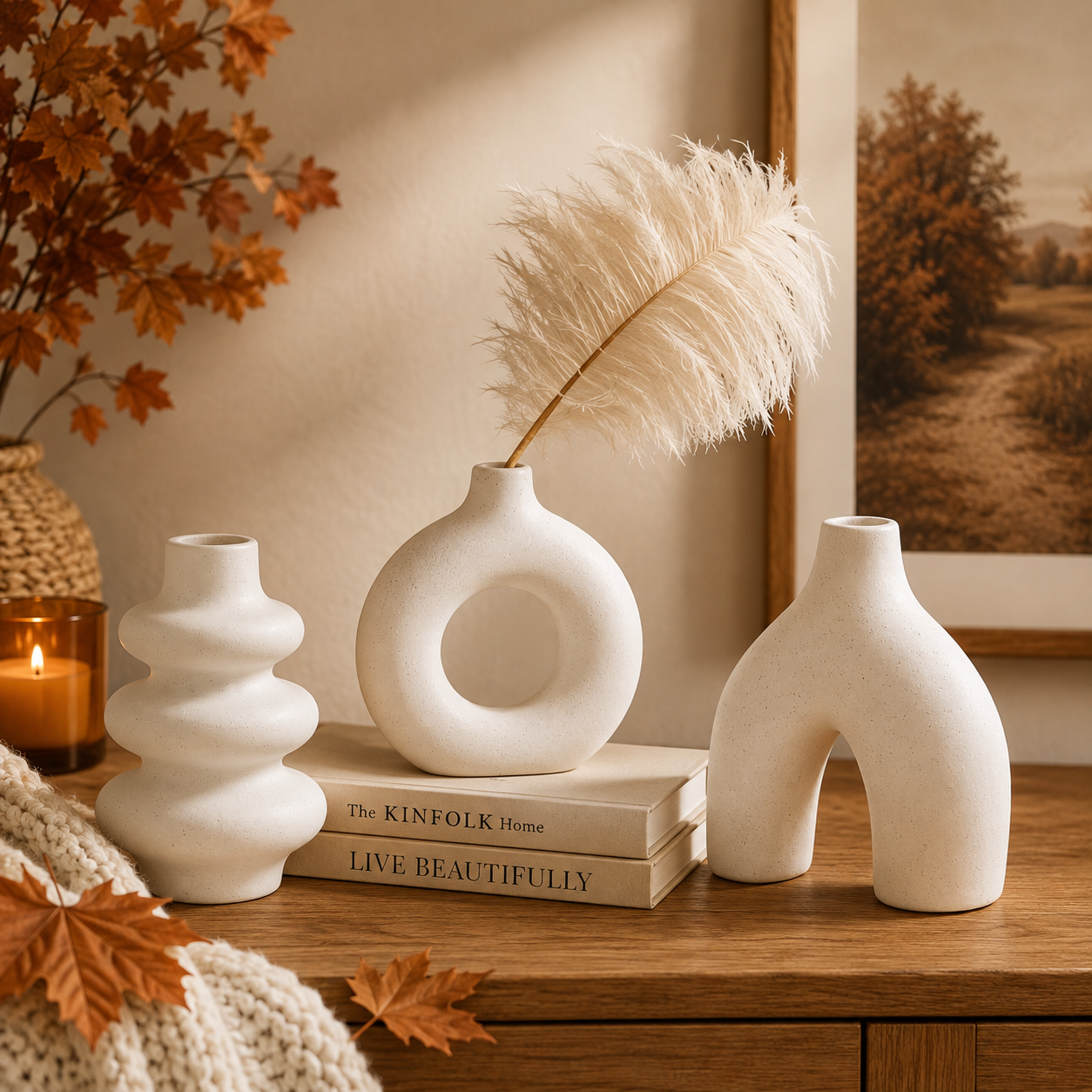 Three matte ceramic abstract vases in warm off-white tones arranged on a wooden table with stacked books, a pampas grass stem in one vase, autumn leaves, a candle, and framed wall art in a cozy interior setting.